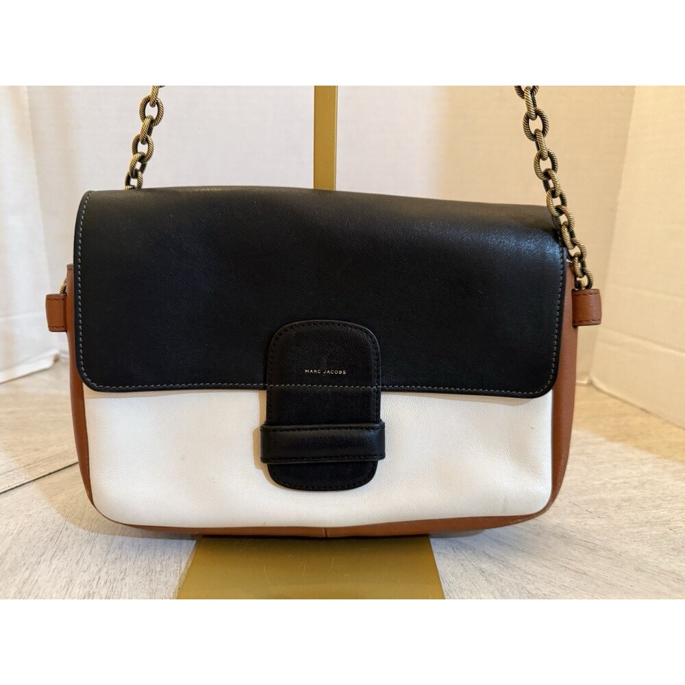 Marc Jacobs Foldover Leather Crossbody Shoulder Bag Black Cream Tan & Gold Chain